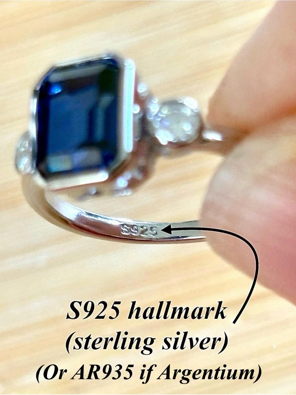 A certified 3ct lab-grown blue sapphire & .20ctw Moissanite ring, in 925 or 935!